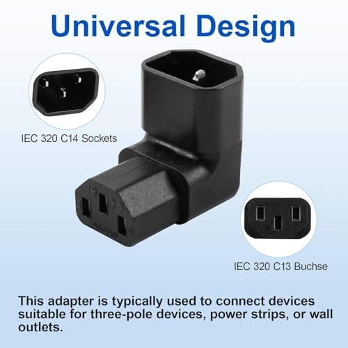 C13 to C14 Connector IEC320 Adapter, 90 Degree Right Angle Kettle Lead Angled Adapter, IEC-Stecker C14 auf C13-Buchse, 250V 10A, Right Angle IEC Cable for PDU, Computer, HDTV (1 Upward, 1 Downward) - Image 5