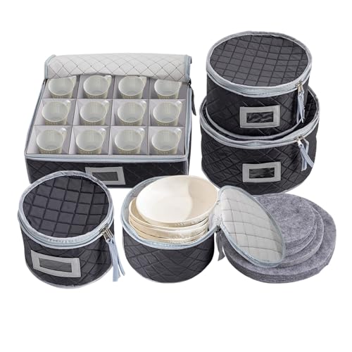 Bathrena China Storage Containers, 5 Piece Dish Storage Containers, Porcelain Storage Set Containers, Dinnerware Storage Organizer Set, for Dinnerware, Glasses, Plates Storage (Grey)