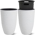 Worth Garden 2-Pack 21" H. White Tall Planters with Inside Pots - 14'' Dia Plastic Large Round Plant Tree Pots - Decorative Imitation Stone Finish for Indoor Outdoor Front Porch Container Patio