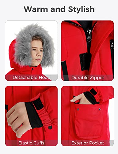 Wantdo Kid Little Boy's Waterproof Skiing Jacket Fleece Lined Windproof Parka Hooded Raincoat Red 6-7 #TOP5