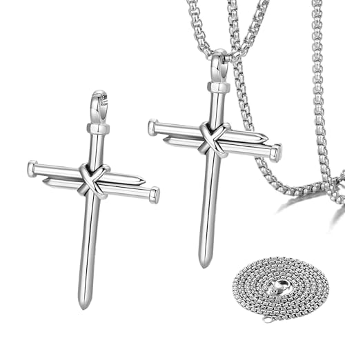 Ohleats 2 PCS Nail Cross Pendant for Men, Cross Pendant for Car Rear View Mirror Hanging, Cross Ornaments Pendant for Car, Truck, Home, Universal Interior Decor Car Accessories (Silver)