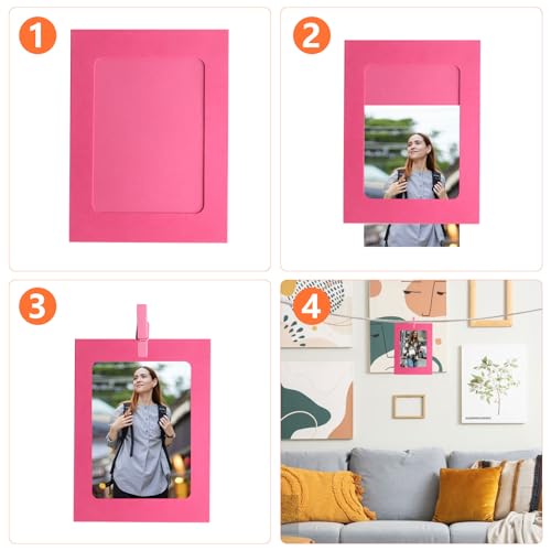 30 Stk Papier Bilderrahmen Pappe, Kraftpapier Fotorahmen, 15,2 x 11,5cm Karton Bilderrahmen zum Basteln, Fotogirlande zum Aufhängen mit Holzklammern & Hanfseil für Hängende Wanddekoration(Bunte)
