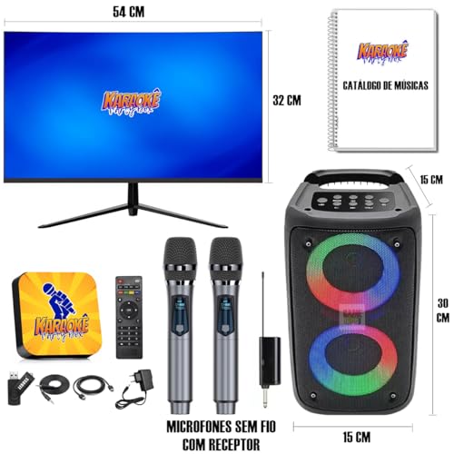 Karaoke Party Box Preto Profissional Completo +Monitor +Caixa De Som +2 Microfones Sem Fio +Catálogo