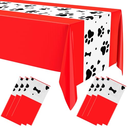 Oudain 6 Pcs Paw Print Plastic Tablecloths Rectangle Bone Sign, Red