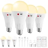 Vitnucrol 4 Pack Rechargeable Light Bulbs with Remote, E26 Wireless Battery Operated Light Bulb for Lamps, 2600mAh Dimmable Timer A21 Standard Emergency LED Light Bulbs for Power Outages,7W, 300LM