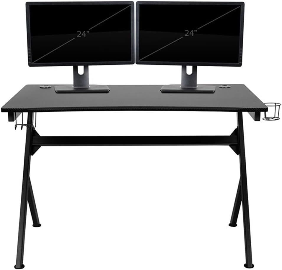 BOWERY HILL Gaming Desk and Reclining Racing Chair Set, 45.25 in Carbon Fiber Desk and 48-51 in LeatherSoft Chair, Black and Red Finish, Modern Style, Adjustable Headrest, Footrest, Cup Holder