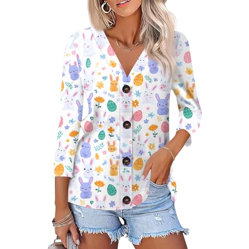 Easter Tshirt 3/4 Length Sleeve Womens Tops Plus Size Button