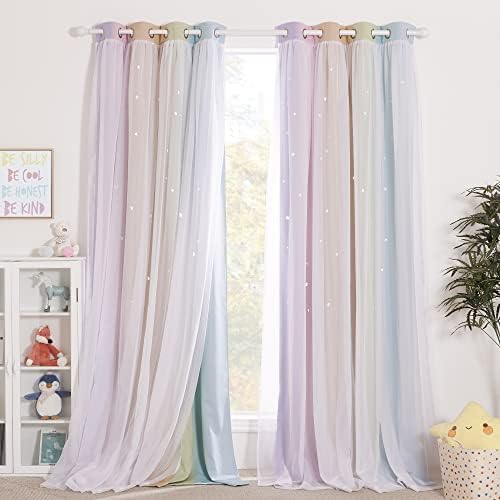 NICETOWN Kids Curtains Teen Girl Bedroom Decor, Stars Cut Out Rainbow Stripe Blackout Drapes with Sheer Curtains 63 inch Length for Living Room/Nursery (2 Panels, 52 inches Wide, Rainbow)