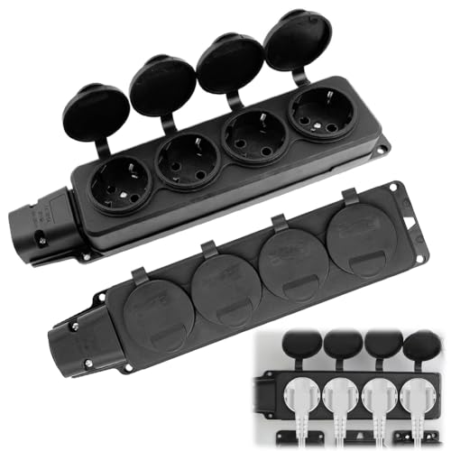 CEWOEM Enchufe exterior resistente al agua, 4 enchufes exteriores con tapas abatibles, sin cable, regleta de enchufes para ambientes húmedos, IP54, enchufe exterior para jardín, exterior, interior, 2