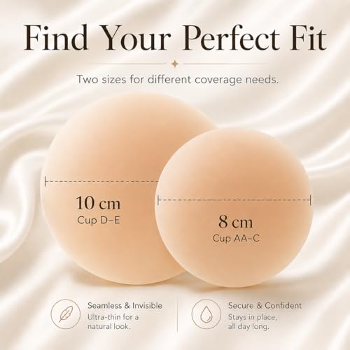 Image of LUCKMEEY Nipple Covers for Women, Ultra-Thin Reusable Silicone Pasties | Adhesive, waterproof silicone covers with tapered edges and travel case; two sizes designed for AA-E cups