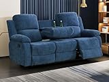 Dekmxas Fabric Recliner Sofa, 3 Seater Reclining Sofa Couch Living Room Furniture, Manual Reclining Sofa with Dual Cup Holders and Drop Down Table for Living Room/Office/Rv Car(Microfiber Blue, Sofa)
