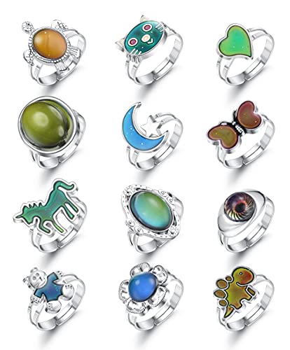 CASSIECA 12Pcs Adjustable Mood Rings for Women Girls Mixed Color Changing Mood Rings Temperature Finger Ring with Cute Animals for Halloween Costume Props Birthday Party