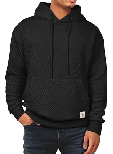 Men's Casual Soild Color Hooded Sweatshirts Geometric Texture Graphic Long Sleeve Pullover Hoodies