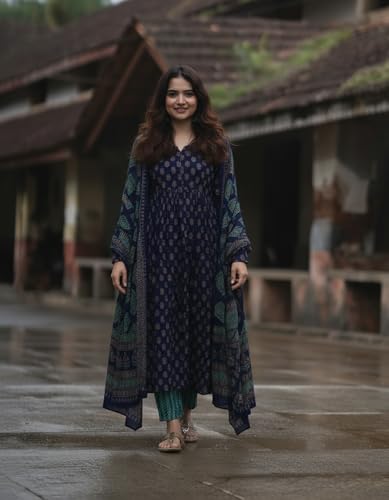 Image of ANNI Designer Women's Rayon Viscose Anarkali Kurta Set with Pant and Dupatta | Stylish Long Kurti Dress for Festive, Party, and Ethnic Wear