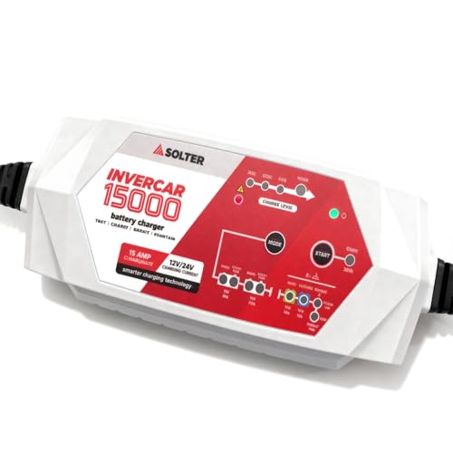 Solter INVERCAR 15000 – Cargador de Batería Profesional 12V/24V, 15A/7.5A, Uso en Coches, Camiones y Maquinaria, Tecnología Inteligente 8 Etapas, Modo Reparación, Protección IP54, Taller y Flotas
