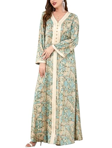 Image of FYMNSI Abaya Dress for Women Muslim Modest Maxi Robe Floral V Neck Eid Prayer Dresses Dubai Clothing Arabian Islamic Kaftan