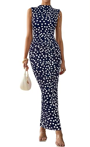 Image of PRETTYGARDEN Women's Summer Maxi Dresses Ruched Bodycon Split Long Dress | Mock Neck, Sleveless, Floral Mesh Dress, Cocktails Dress for Wedding Guest, Party, Summer Outfits 2026
