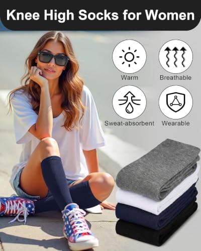 Senker Fashion Cotton Knee High Socks for Women 4 Pairs, Long Tube Socks — view 3