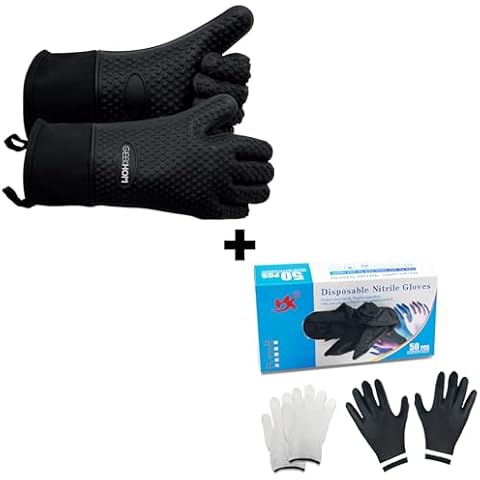 GEEKHOM Silicone Grilling Gloves + 50pcs Nitrile Gloves Set, Heat Resistant, Waterproof Gloves Partner Cover