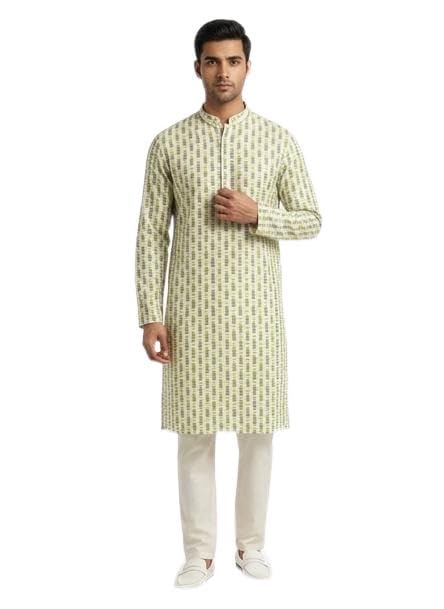 Men's White & grern Printed Kurta Pyjama Set, Full Sleeve,sequence work (S)-image-24