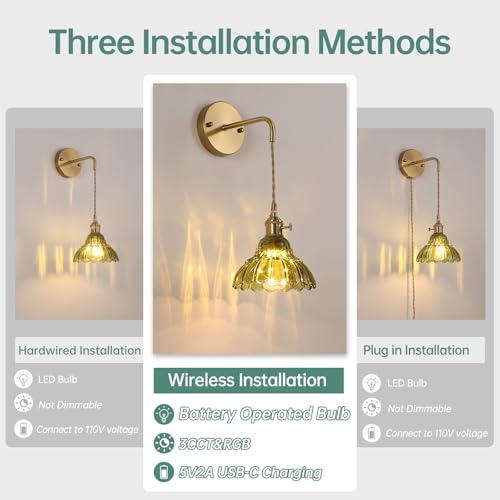 Image of Shenmoyl Battery Operated Wall Sconce Wall Lamp with Green Lily of the Valley Shade Pattern Glass Adjustable Chain Retro Gold Wall Mounted Light, Modern Wall Lamp Fixtures Decor for Bedside Bedroom