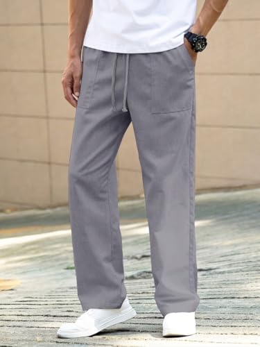 Image of Linen Pant for man | Loose Fit Trouser for Men | Elastic Waist with Drawstring | Perfect for Casual Wear | Lightweight Breathable Fabric | Straight Fit & Side Pocket