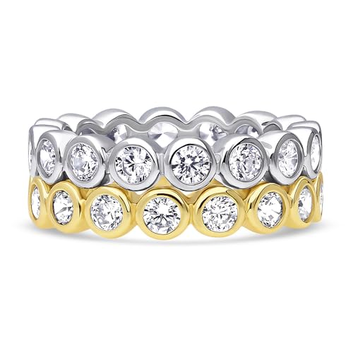 BERRICLE Sterling Silver Bubble Wedding Rings Bezel Set Round Cut Cubic Zirconia CZ Eternity Ring Set for Women, Rhodium Plated and Yellow Gold Flashed Size 4-102