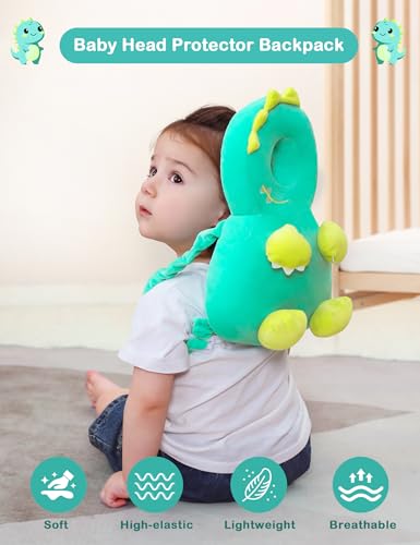 Image of JunNeng Baby Head Protector Backpack for Walking Crawling,Green Dinosaur B | Soft, Breathable, Adjustable, Baby Fall Back Head Protector for Falling