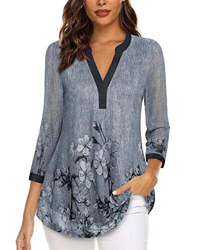 Image of Timeson Women's Short Sleeve V Neck Blouses Shirts Floral Double Layers Mesh Tunics Tops