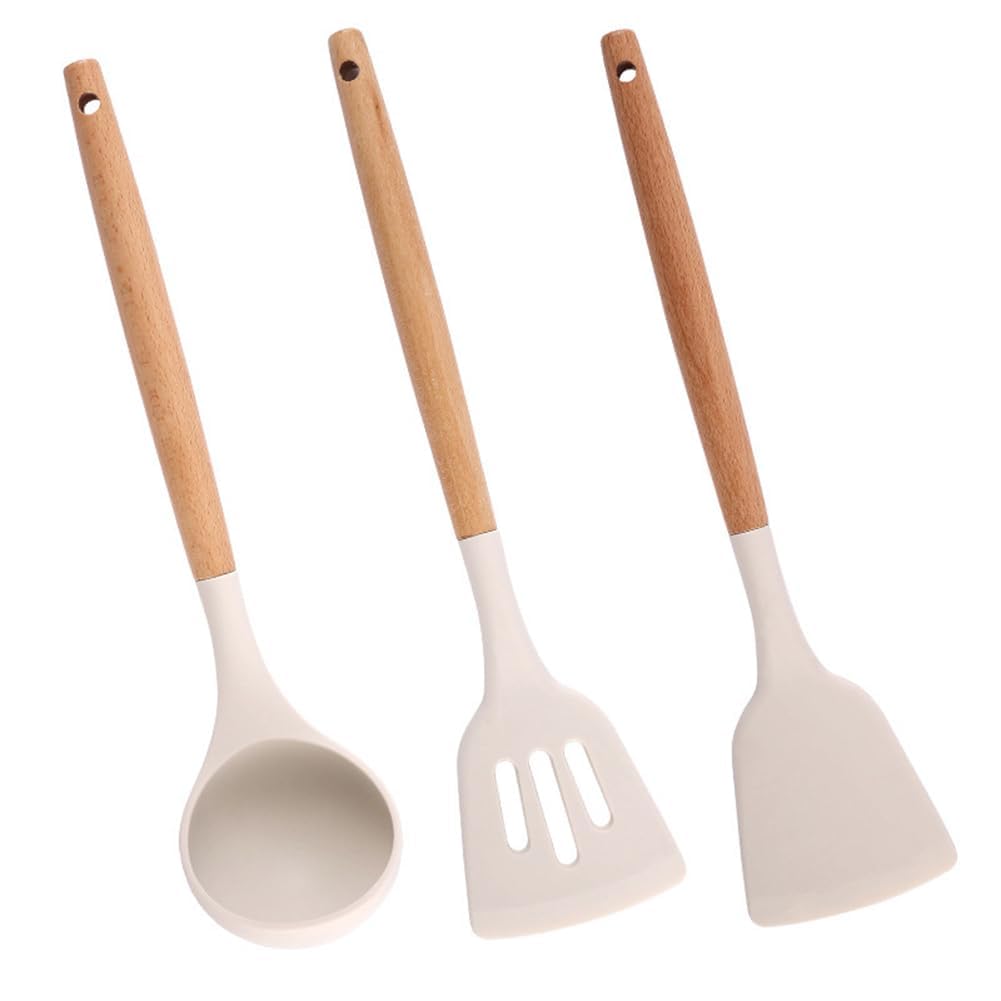 Zollyss Non-Stick Silicone Cooking Utensils Set with Natural Acacia Hard Wood Handle,High Heat Resistant (3 Pc Set, Cream) (B0CW1JCT2T) Amazon Price History, Amazon Price Tracker