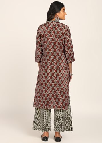 Image of BLOCKS OF INDIA Women's Solid Straight Kurta Set | Hand-Stitched Neck Details with Pintucks | Comfortable Pants with Pockets, Elastic Waist & Drawstring Fit