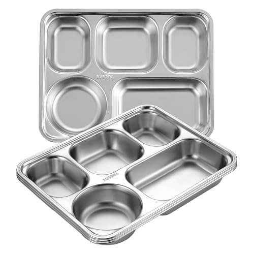 Set of 4 Stainless Steel Rectangular Divided Plates – 5-Section D...