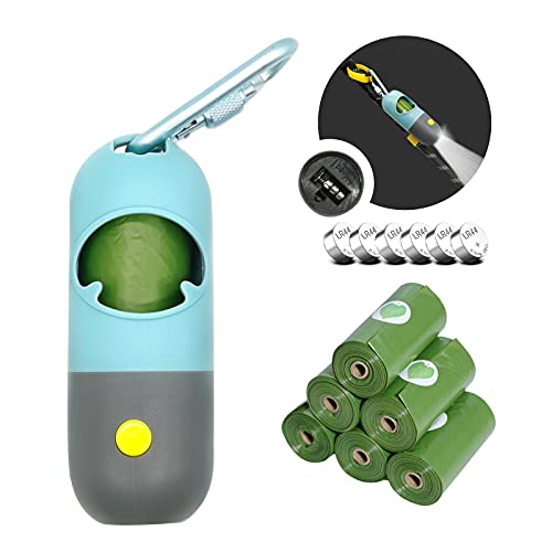 Hands-Free Dog Poop Bags Dispenser mit LED-Taschenlampe Poo Bags Halter mit 7 Rollen Grünabfalltüten Karabiner-Verschlüsse und 9 LR44 Knopfzellen Cover