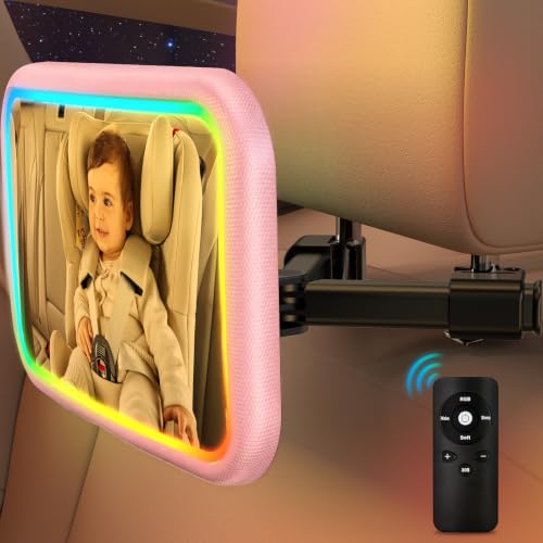 Image of Baby Car Mirror with Light, Pink | 7 RGB Light Rear Facing Car Seat Mirror for Baby with Remote Control Rechargeable 360 Rotation Hook Clip Design Wide View