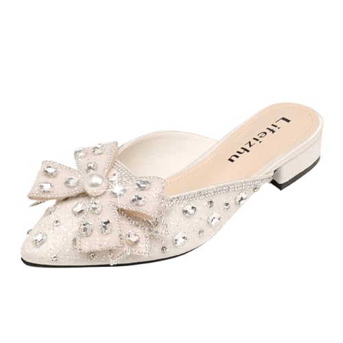 Women's Glitter Rhinestone Bow Low Heels Mules Fashion Pearl Closed Pointed Toe Slip On Comfortable Chunky Heel Clogs for Party Date Prom Wedding Dressy Slides (Apricot,9)