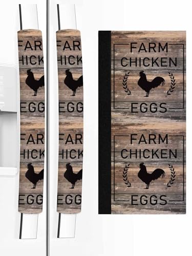 Brown Farm Chicken Refrigerator Door Handle Covers Set of 2,Country Retro Wooden Grain Kitchen Fridge Microwave Oven Dishwasher Stove Cabinet Handle Protectors,Farmhouse Cabin Washable Appliance Decor