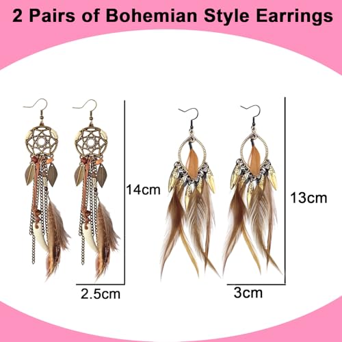 2 Pairs Brown Dream Catcher Feather Earrings for Women Bohemian Vintage Tassel Drop Dangle Earrings Ethnic Long Fringe Dreamcather Earring for Women Ear Jewelry - QC2