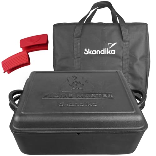 Skandika Dutch Oven Flame Master Square 10,6 L | Eckig, Gusseisen Topf zum Kochen, Kastenform, eingebrannt, ohne Füße, Hitzeschutzgriffe, Tragetasche | Feuertopf für Grillen, Camping Zubehör