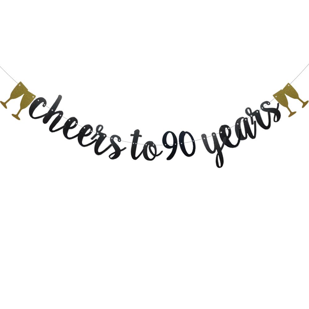 Cheers to 90 Years Banner, Pre-Strung,Black Glitter Paper Garlands Banner for 90th Wedding Anniversary 90 Years Old 90th Birthday Party Decorations