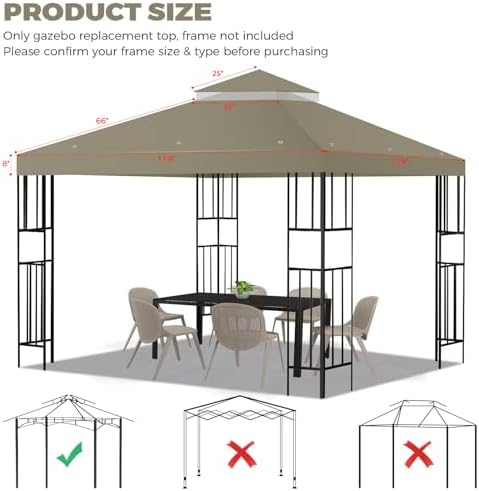 10x10 FT Gazebo Replacement Top, Canopy Replacement Cover Double Tiered for Outdoor BBQ Roof Cover Grill Shelter (Khaki) image 14