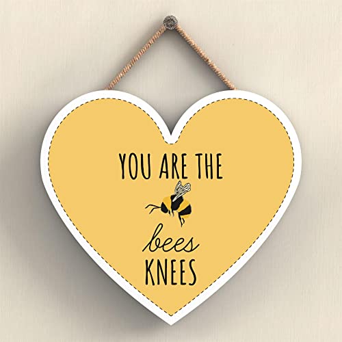 Image of Global Designs You Are The Bees Knees Yellow Bee Themed Decorative Wooden Heart Shaped Hanging Plaque