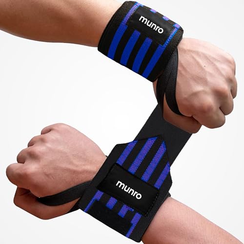 Munro Wrist Supporter for Gym, Weight Lifting Straps with thumb loop, Professional Wrist Support for Men and Women, Wrist Strap made of Elastic and Velcro for weighlifting, powerlifting, workout, Crossfit, Strength Training and Exercise. (ROYAL BLUE/BLACK STRIPS)