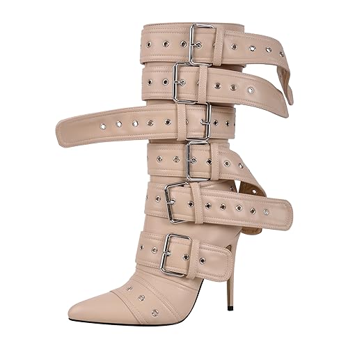 Multi Buckle Strap Mid Calf Boots Pointed Toe Belts Stiletto Heeled Boots