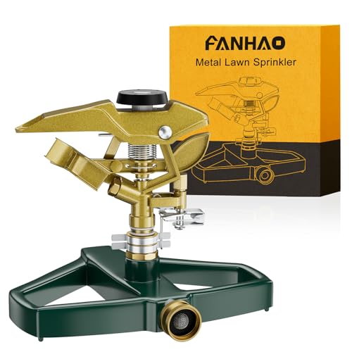 FANHAO Heavy Duty Pulsating Impact Lawn Sprinkler with Metal Base, 100% Metal Adjustable Circular Zinc Impulse Sprinkler for Yard Lawn, 360 Degree Large Area Coverage, Covers Up to 5800 sq. ft by FANHAO - Used condition - CA$32.89