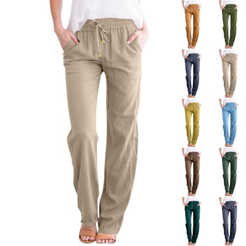 Linen Pants Women Casual Drawstring High Waisted Straight Leg Pants Summer Loose Comfy Lounge Pants with Pockets