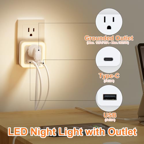 Image of JackonLux Night Lights Plug Into Wall 4 Pack Rechargeable Battery Backup Light Dusk to Dawn Sensor Night Light with Outlet Expander for Adults Kids Bedroom, Kitchen, and Bathroom