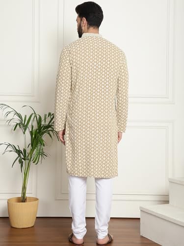 Image of SOJANYA (Since 1958 Men's Cotton Gold Embroidered Sequinned Kurta With white churidar Pyjama