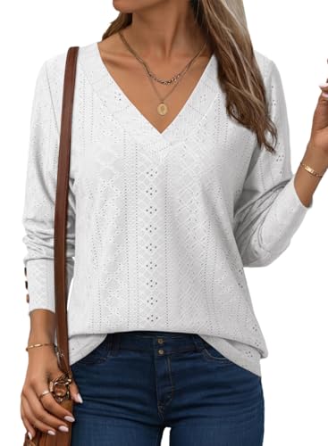 Dokotoo Blouses for Women Dressy Casual Eyelet Embroidered Tops Spring Tops for Women Trendy 2026 Long Sleeve Dress Shirt Dressy Top Business Work Clothes White Top L