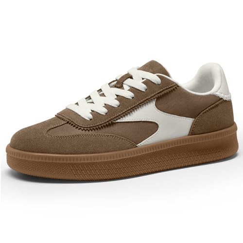 Vilanva Women's Fashion Sneakers Casual Tennis Shoes with Genuine Suede Classic Retro Gum Sole Walking Trendy Footwear Dark Taupe Multi