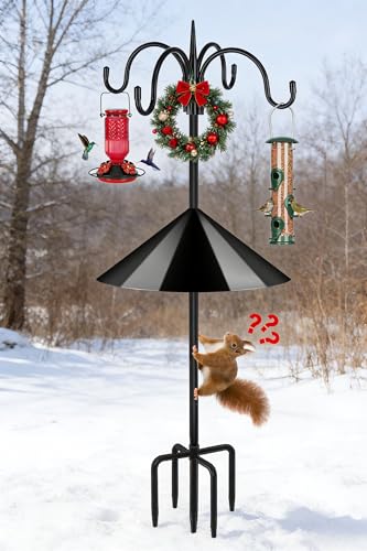 FEED GARDEN Squirrel-Proof Shepherds Hook for Bird Feeders, 92” Heavy-Duty Bird Feeder Pole with 4 Hooks 5-Prong Stable Base 19” Squirrel Baffle, Rust-Resistant Steel for Feeders, Plants & Yard Décor